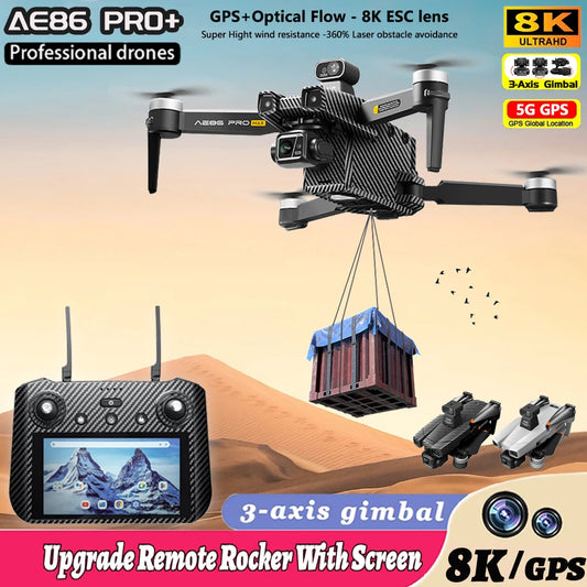 AE86 PRO MAX Drone 8K Professional 3-Axis Gimbal Laser Obstacle Avoidance Brushless Motor GPS Quadcopter FPV Drones with Screen